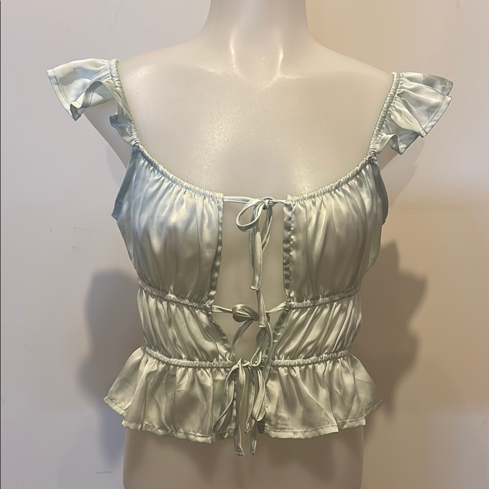 Elegant Satin Ruffle Top size small in mint green